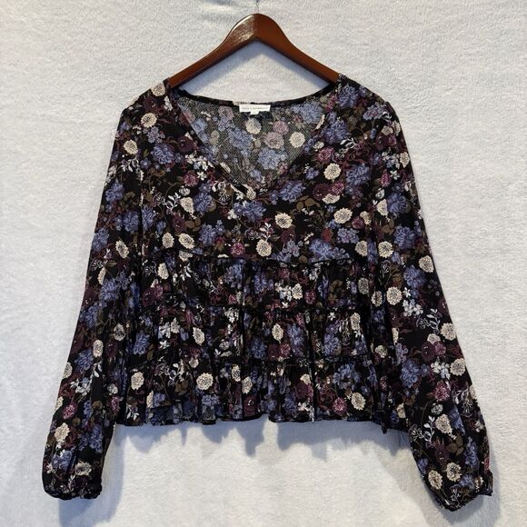 Coco Jaimeson Women’s Boho Floral Print Ruffle Blouse V-Neck Tiered Peplum - Picture 3 of 10